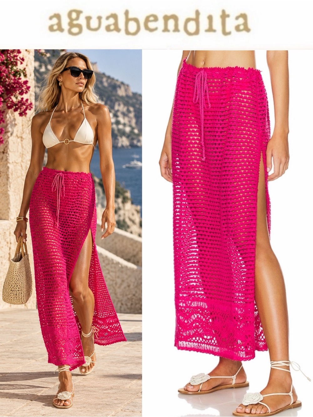 Agua Bendita X Revolve Plum Maxi Skirt in Fuchsia Hot Pink Crochet Coverup M NWT
